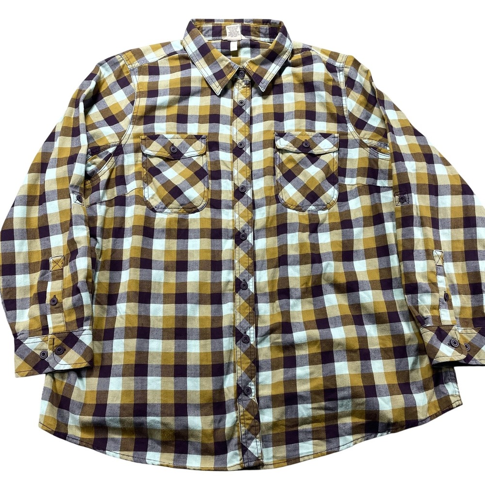 Duluth Trading Shirt Womens 2XL Brown Plaid Flannel Long Sleeve Button Front